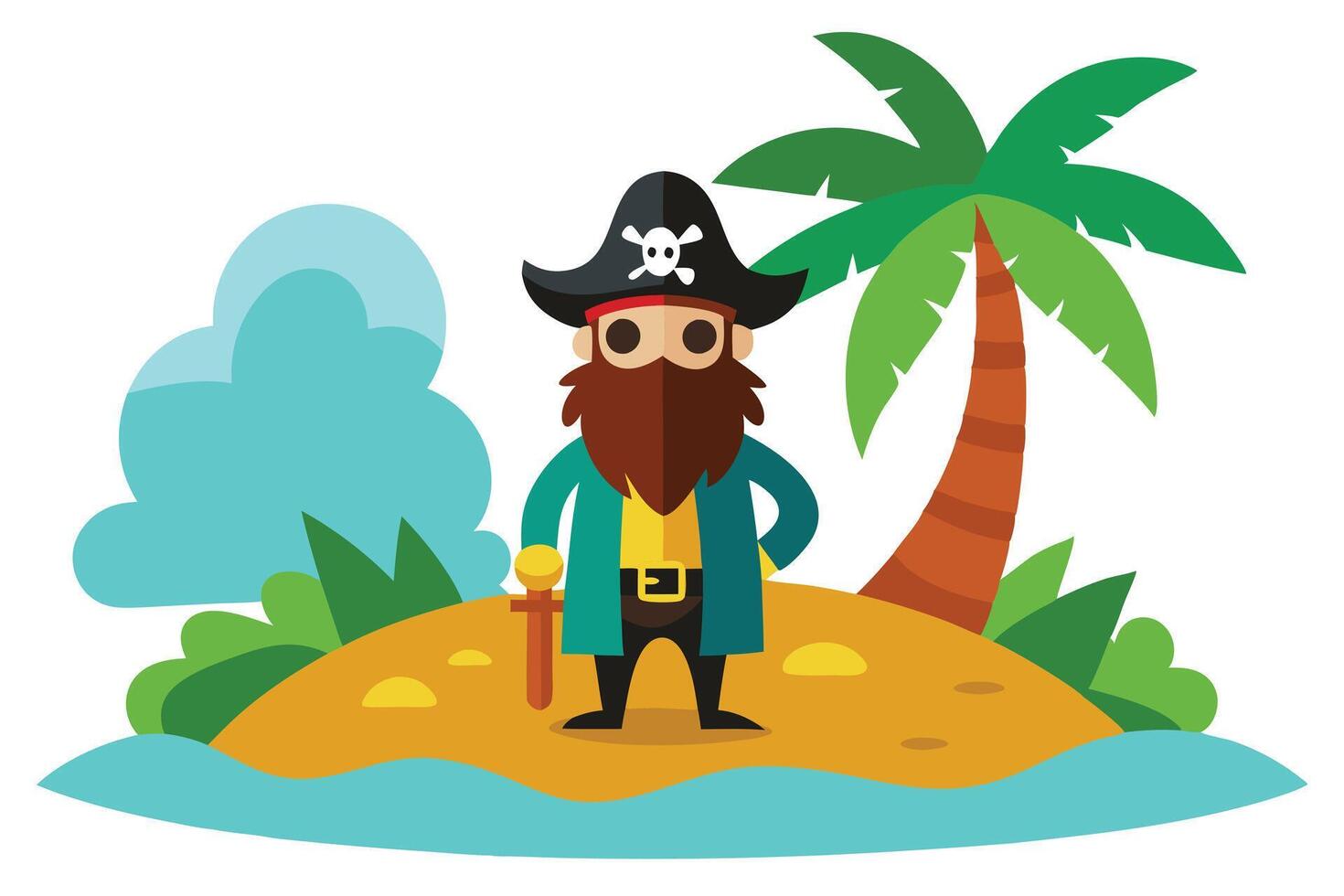 Cartoon pirate character standing on a sandy island with palm tree flat vector