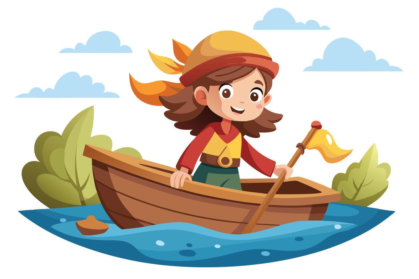 Cartoon Smiling Girl in Boat with Paddle on Water with Transparent Background vector