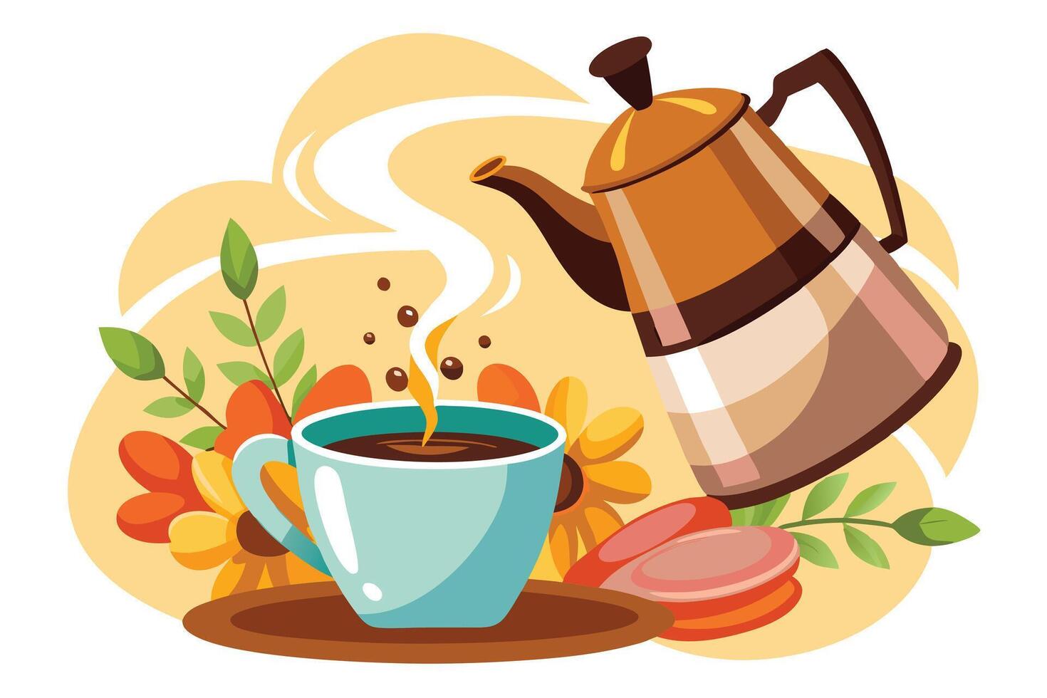 Coffee Pot Pouring Coffee into a Cup with Flowers and Macarons vector