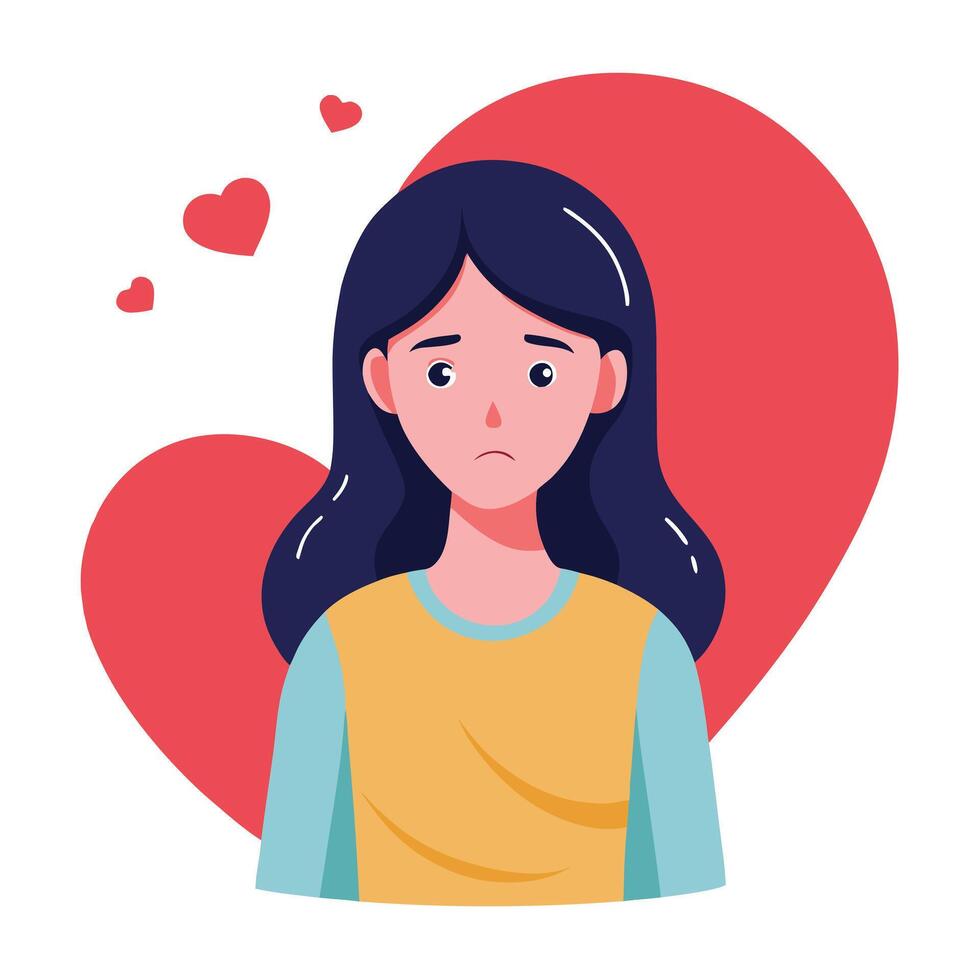 Unhappy Brunette Girl with Heart Shapes on White Background vector