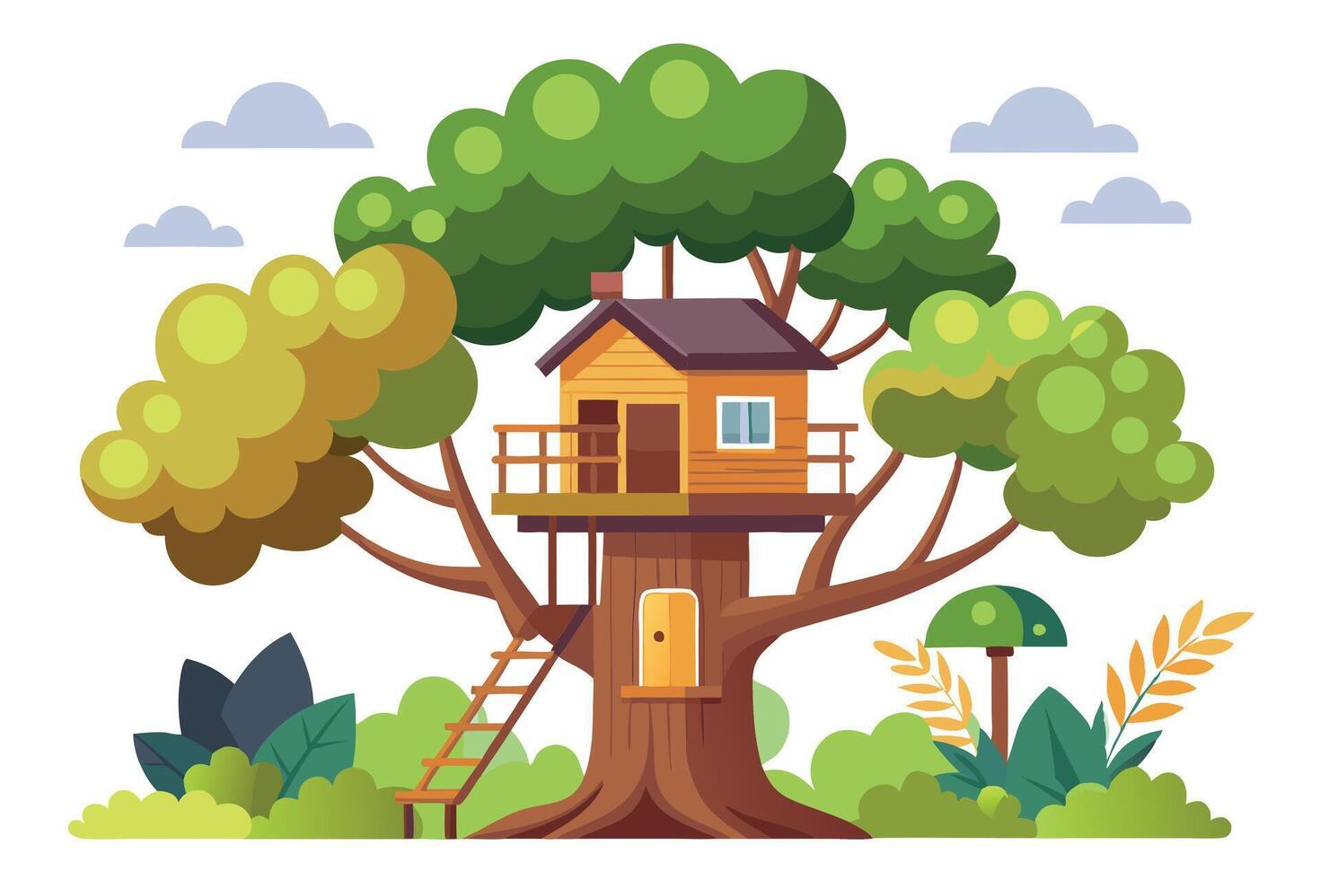 Whimsical Treehouse in Forest with Ladder, Leaves and Clouds, Isolated on White vector