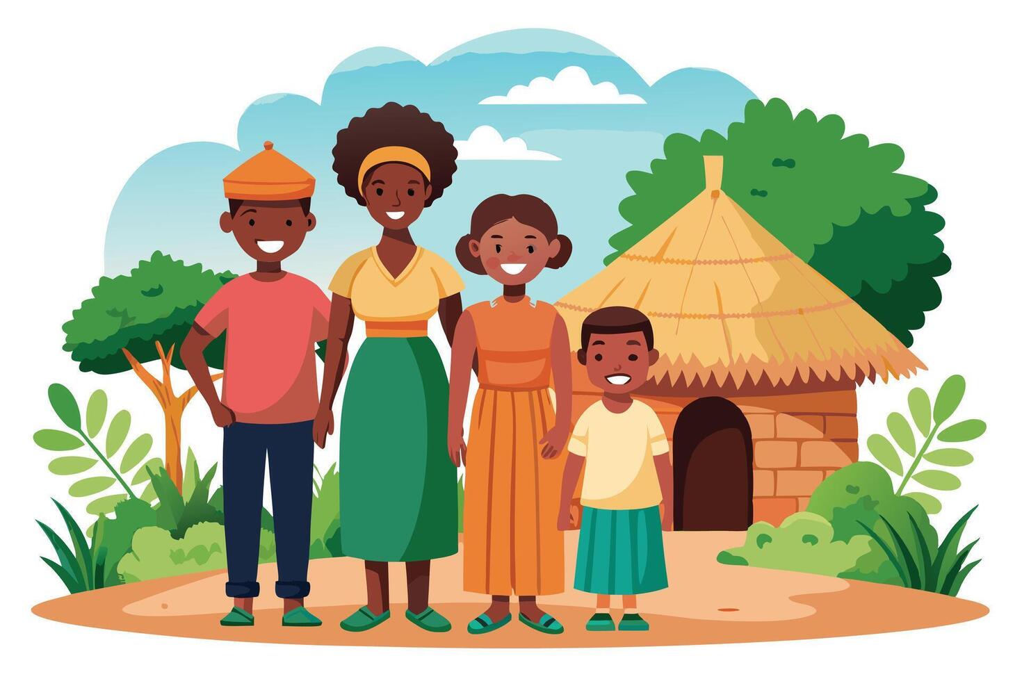 African Family Near Traditional Hut with Thatched Roof Cartoon Style on White vector