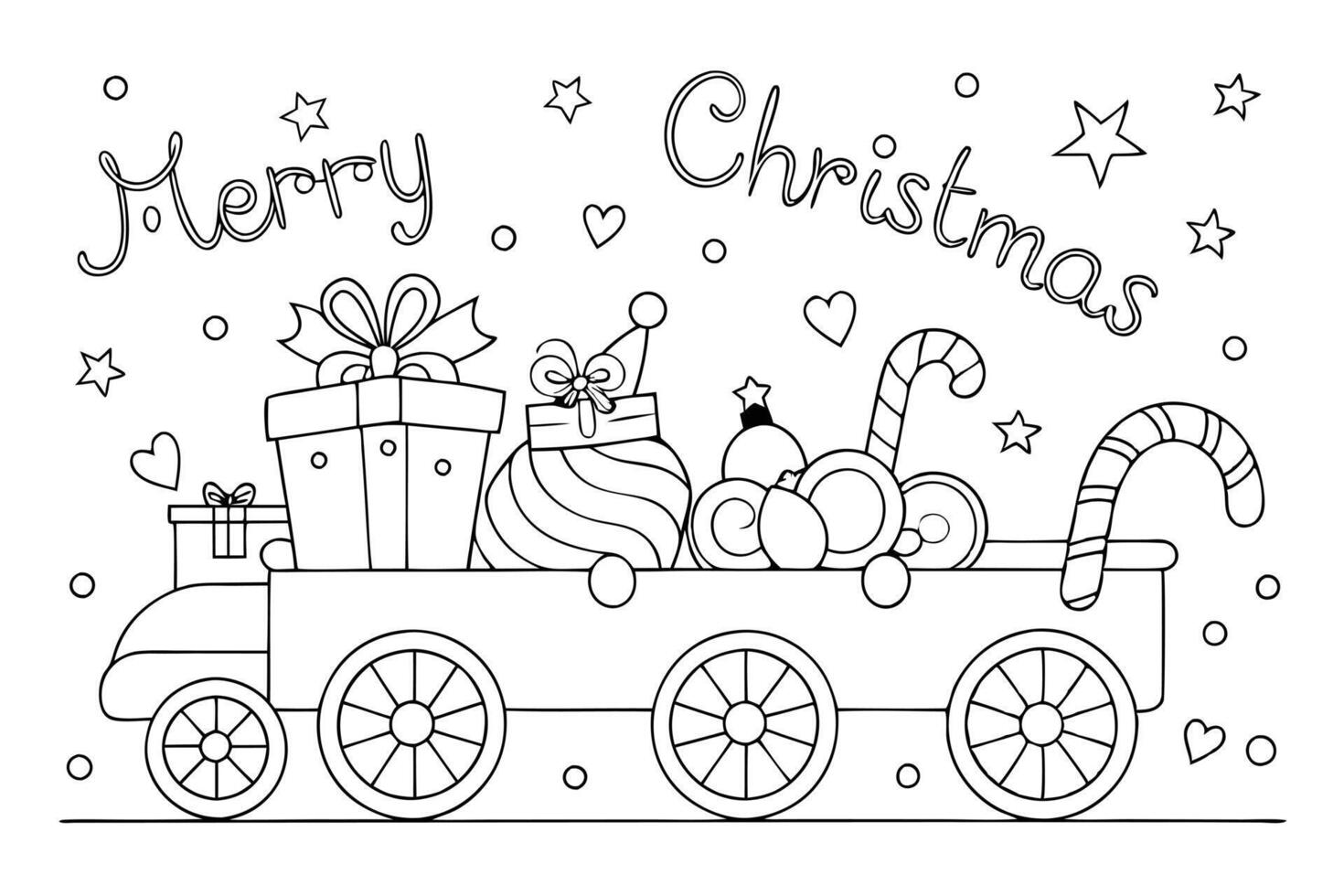 Merry Christmas Text with Festive Train Featuring Gifts and Candy, Outline vector