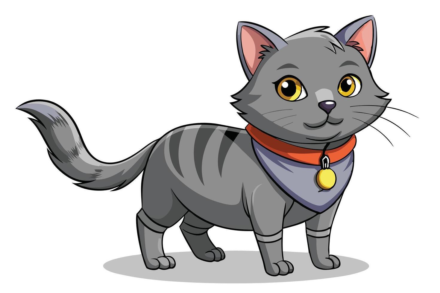Cartoon Gray Cat Walking with Gold Eyes, Orange Collar and Round Yellow Tag vector