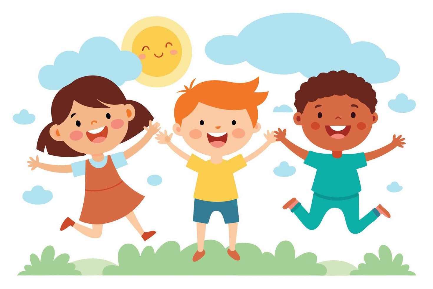 Playful Cartoon Kids Jumping Together with Smiling Sun and Clouds on White vector