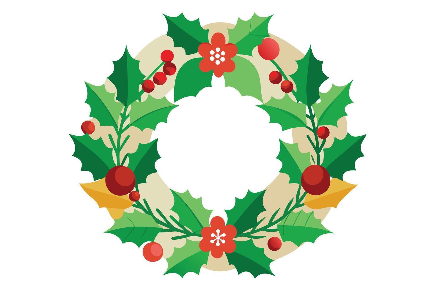 Holiday Foliage Circle with Green Holly Leaves, Red Berries and Flowers vector