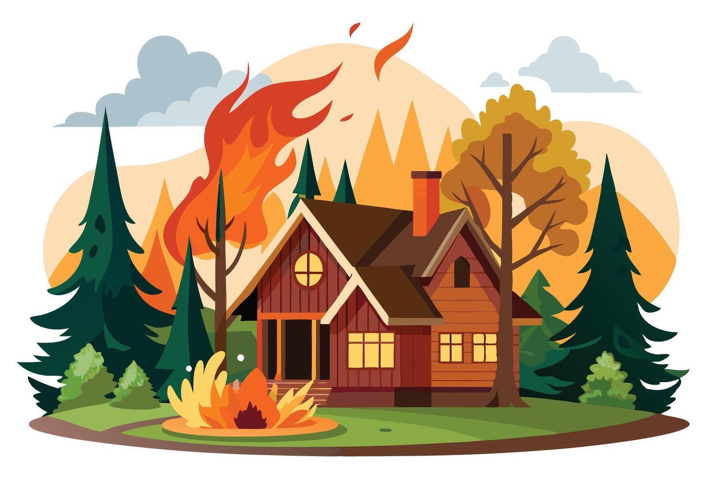 Cartoon Wooden Cabin with Fire Flames, Trees and Cloudy Sky on White Background vector