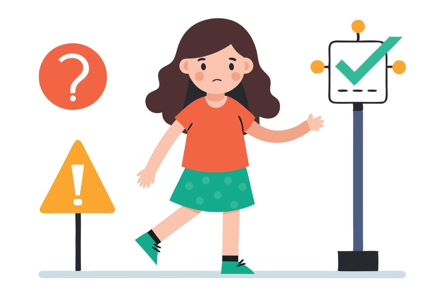 Confused Brunette Girl Navigating Between Question, Warning and Correct Icon Set vector