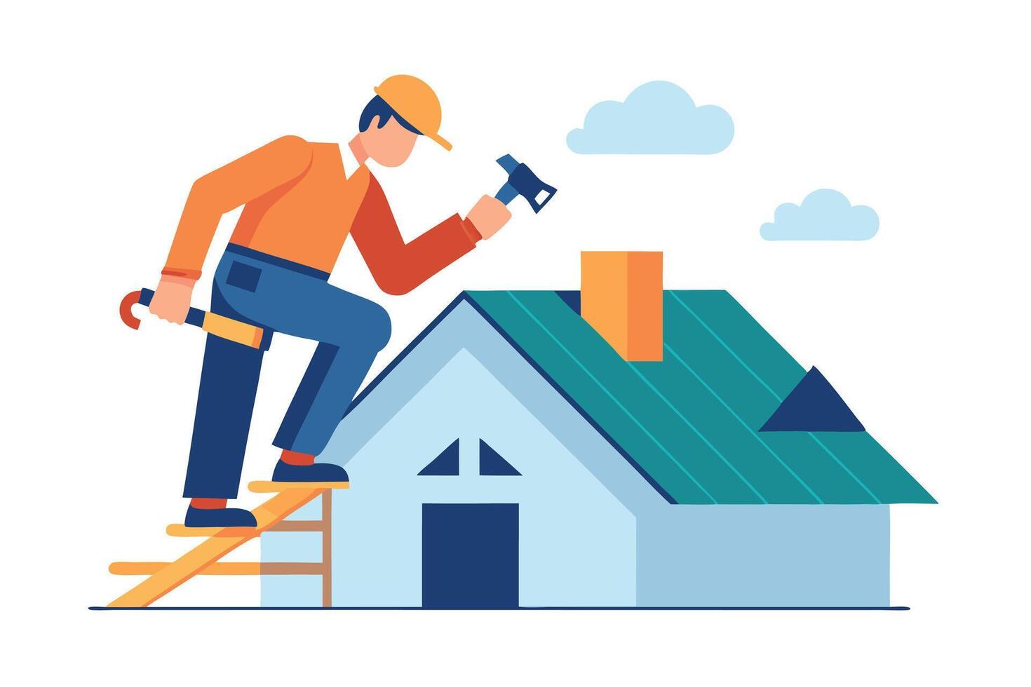 Handyman on House Roof with Hammer and Wrench Cartoon Style on White Background vector