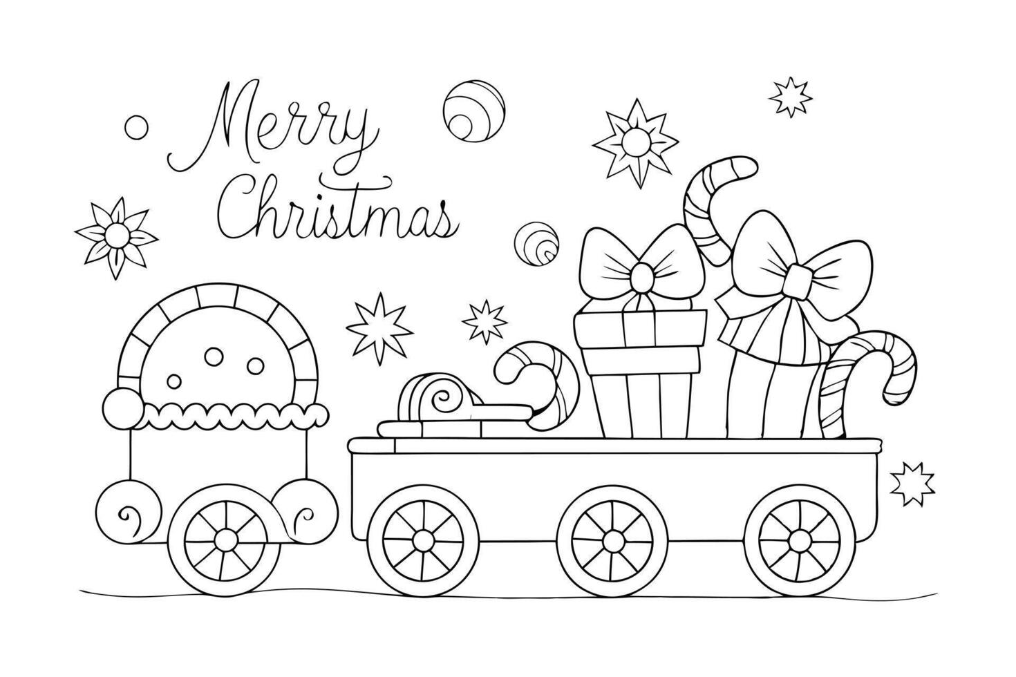 Festive Outline Train Carriage with Gifts and Sweets on White Background vector