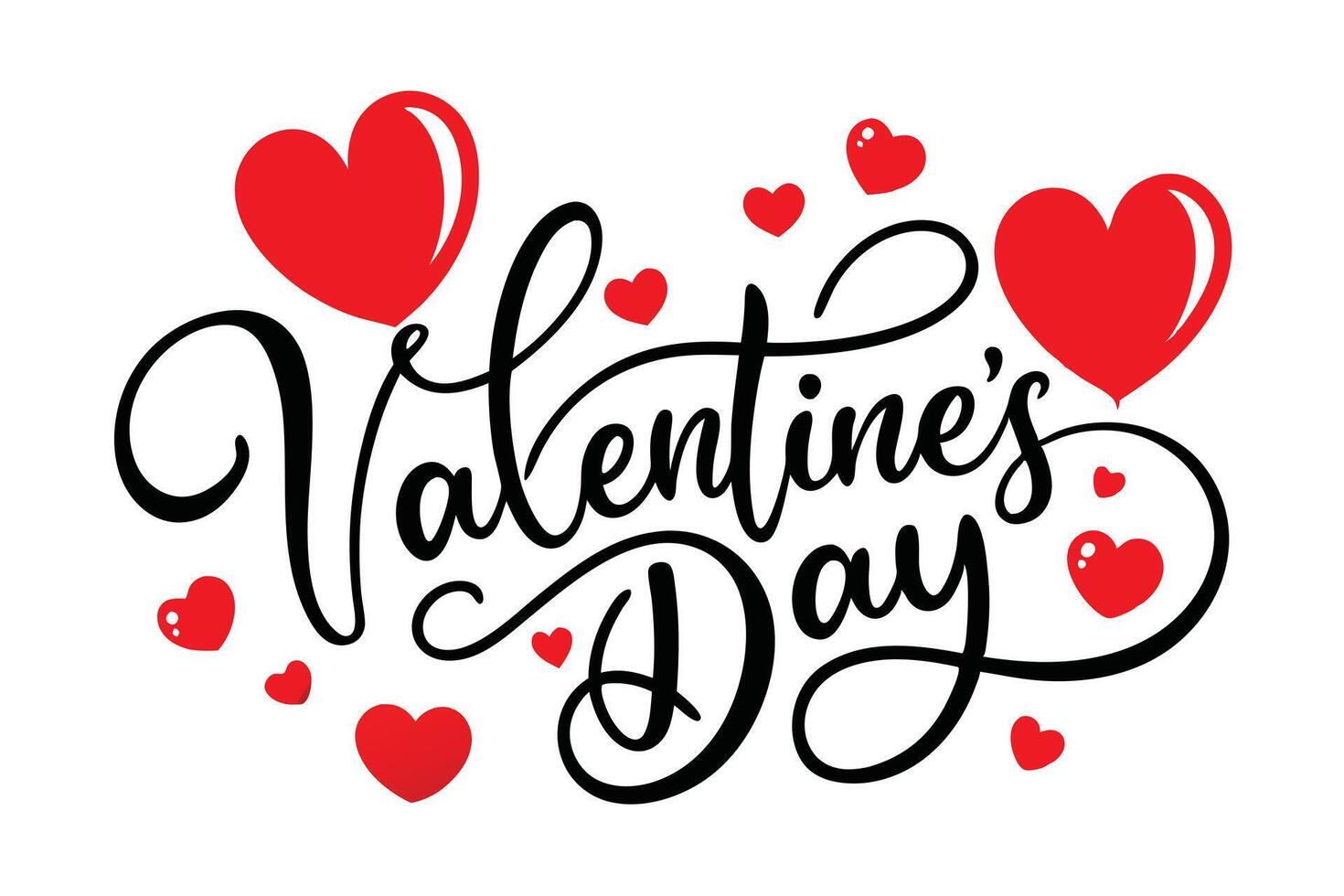 Valentines Day Text with Red Hearts Isolated on White Background Calligraphic vector