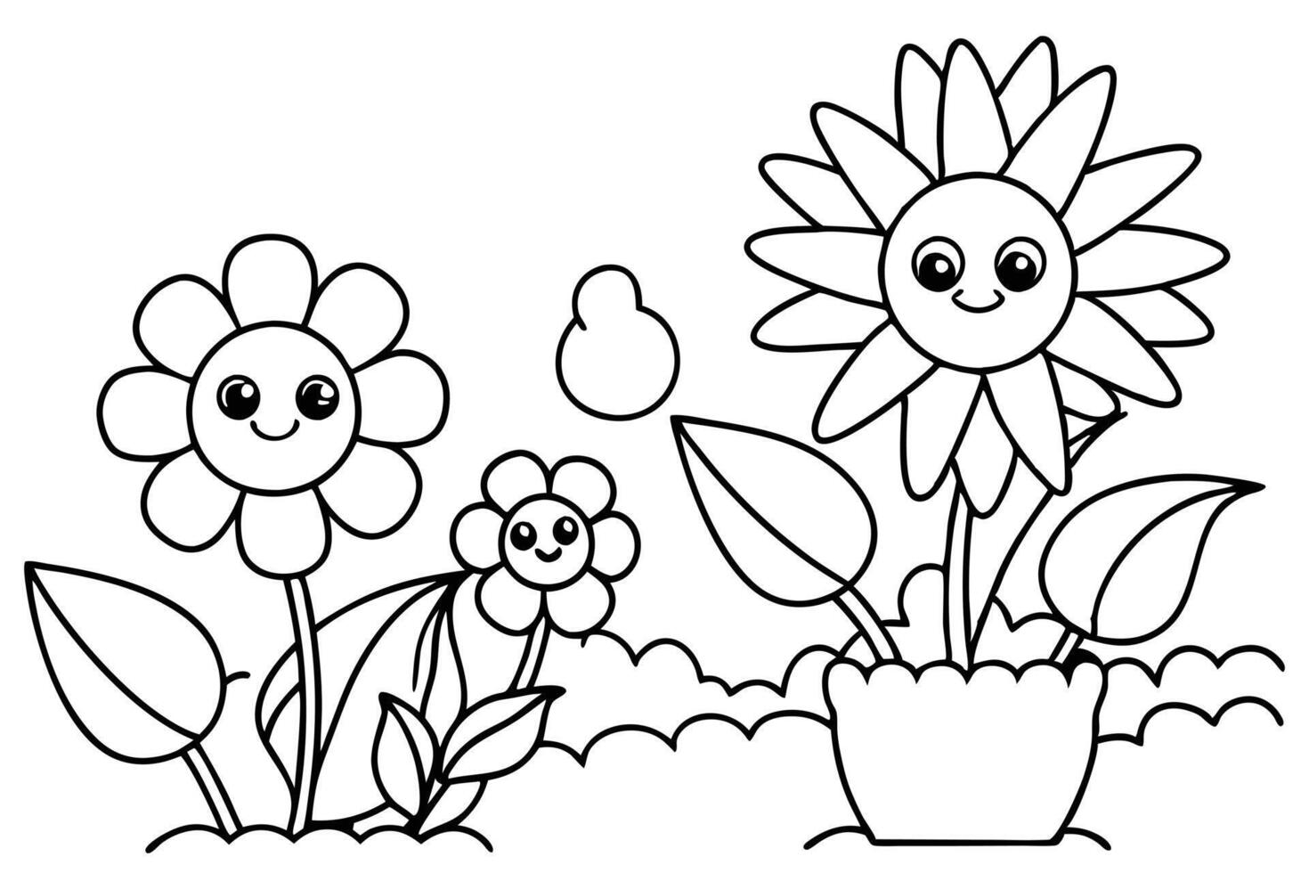 Smiling Flowers Outlines with Leaves in Garden Cartoon Line Art vector