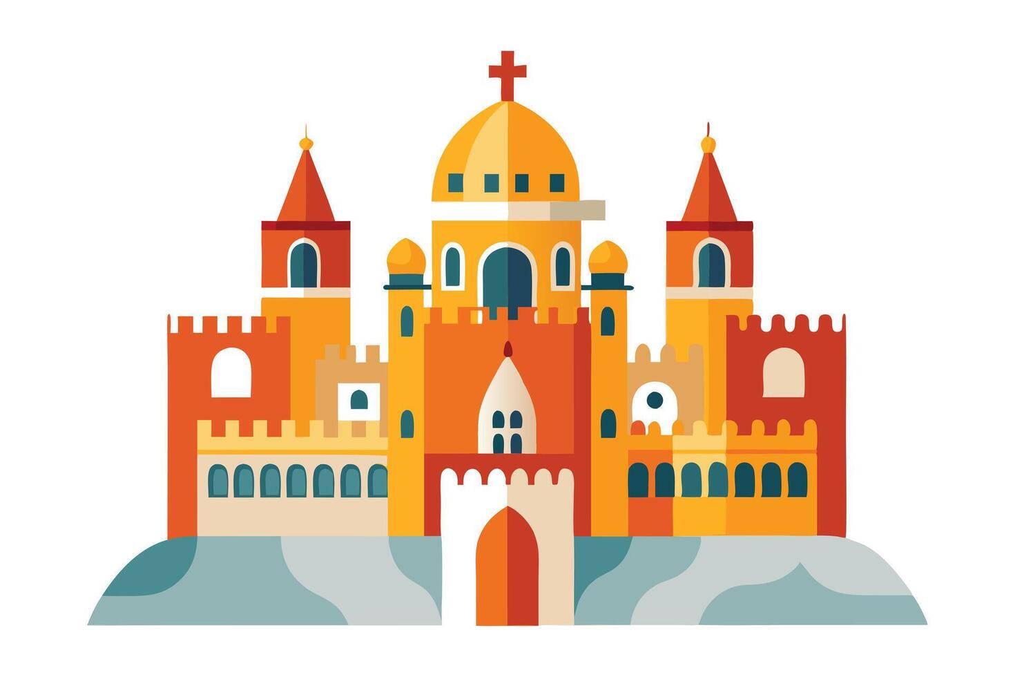 Colorful Flat Design Medieval Castle Building on a Hill with White Background vector