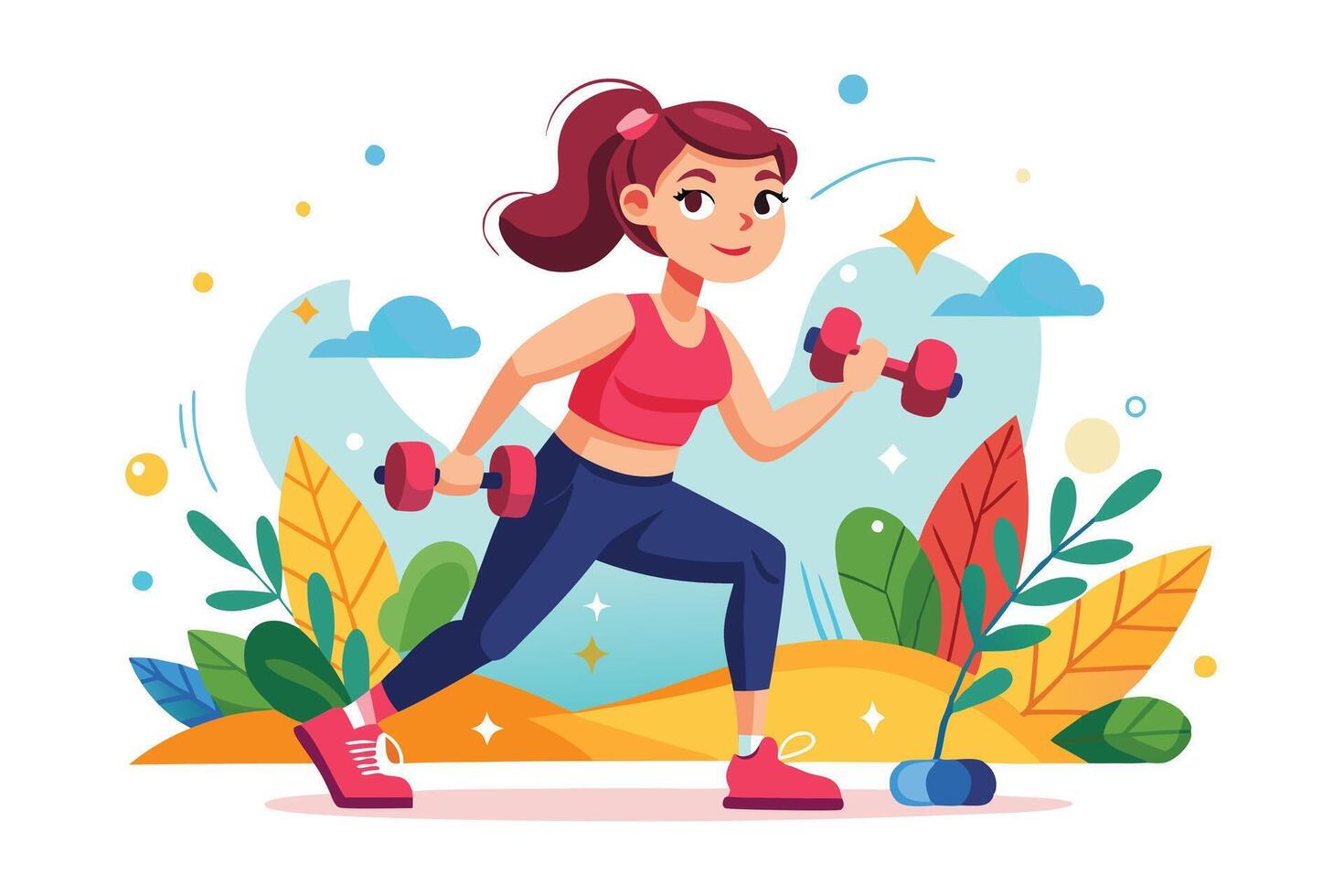 Cartoon Woman Doing Dumbbell Exercises Outdoor with Colorful Nature Scenery vector