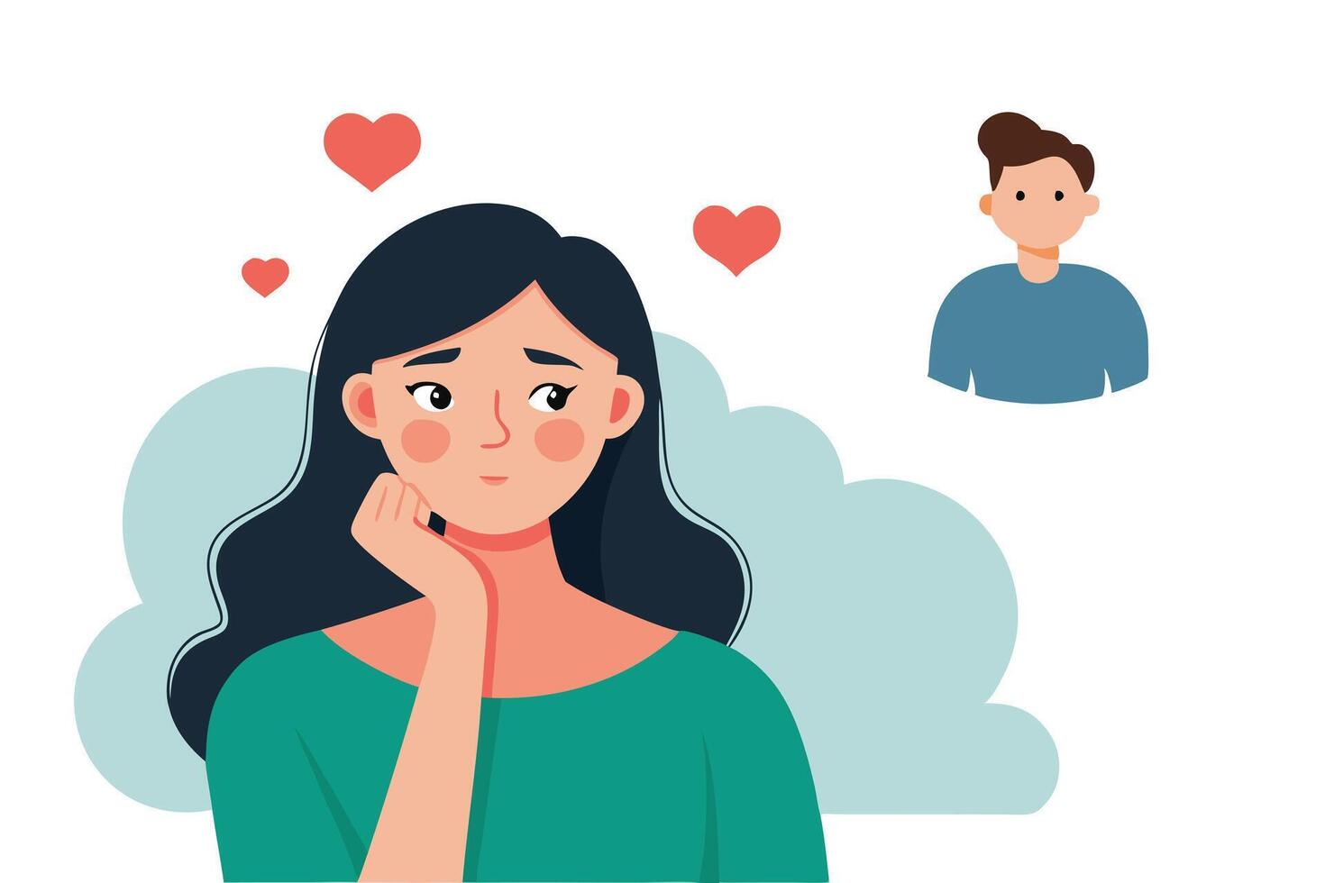 Young Woman Dreaming of Man with Hearts Cartoonish on White vector