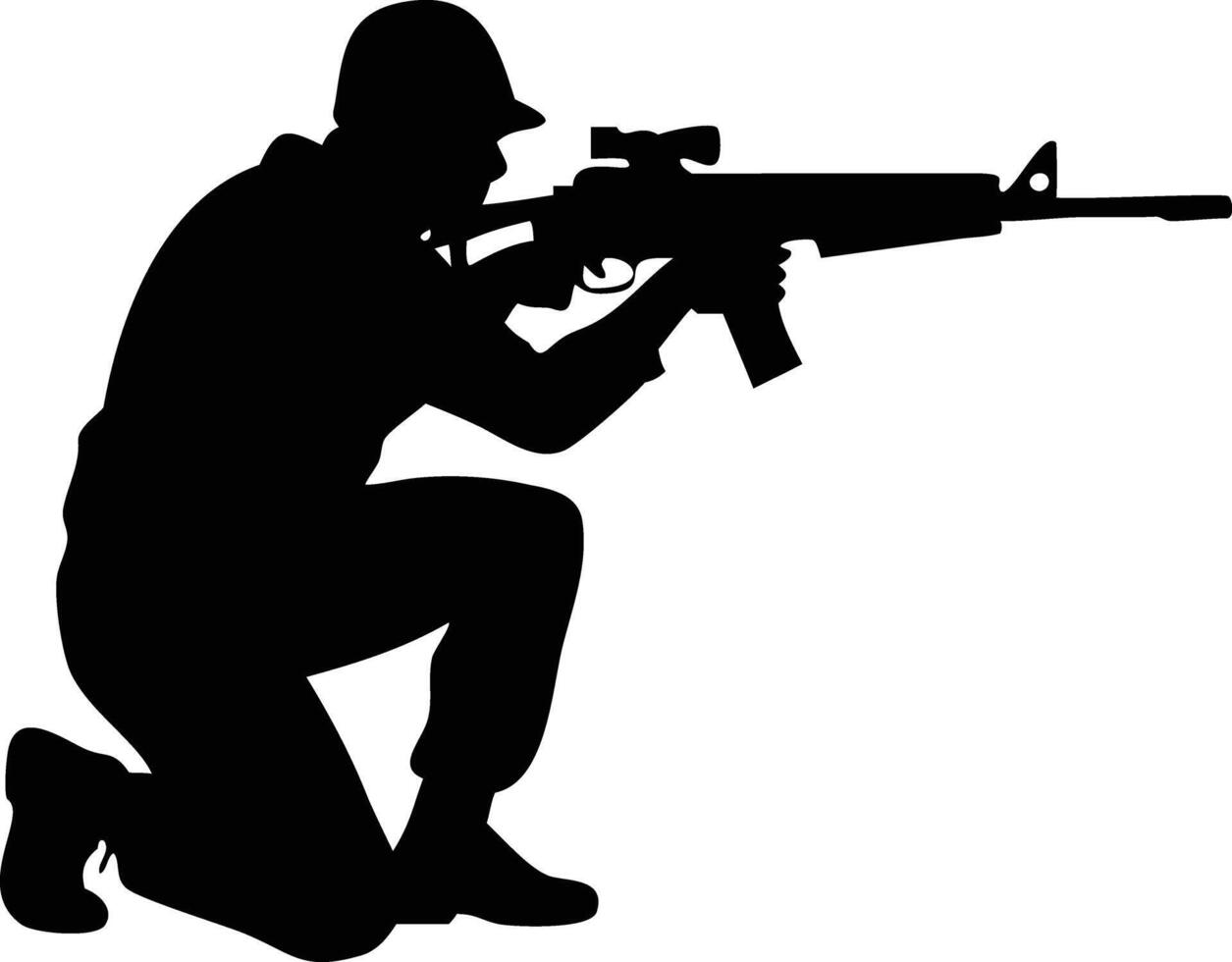 Soldier Silhouette Kneeling and Aiming Rifle with Scope on Transparent Background vector