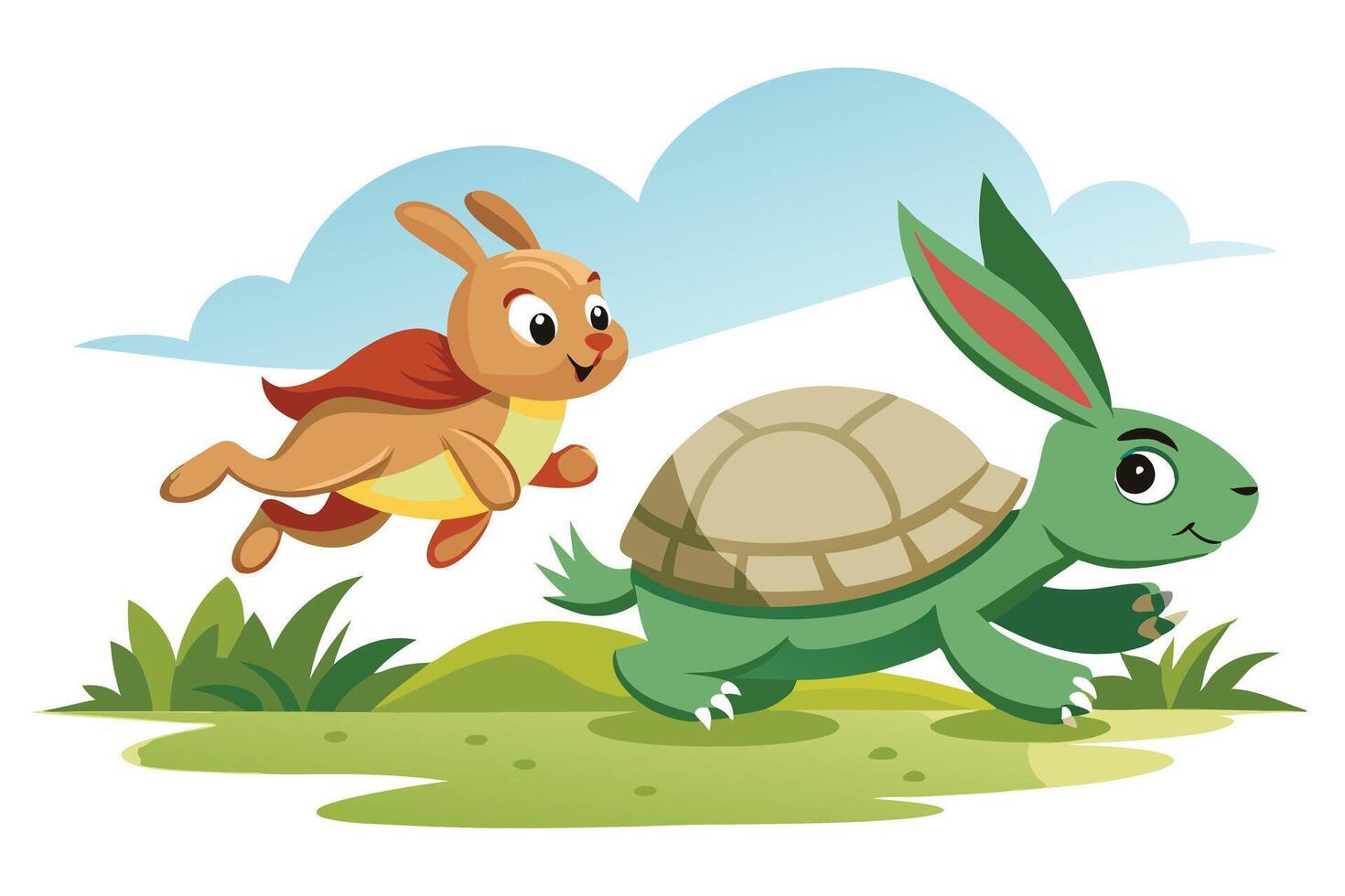 Cartoon HareTurtle Race with RedCape Bunny, Running on Green Grass Field vector
