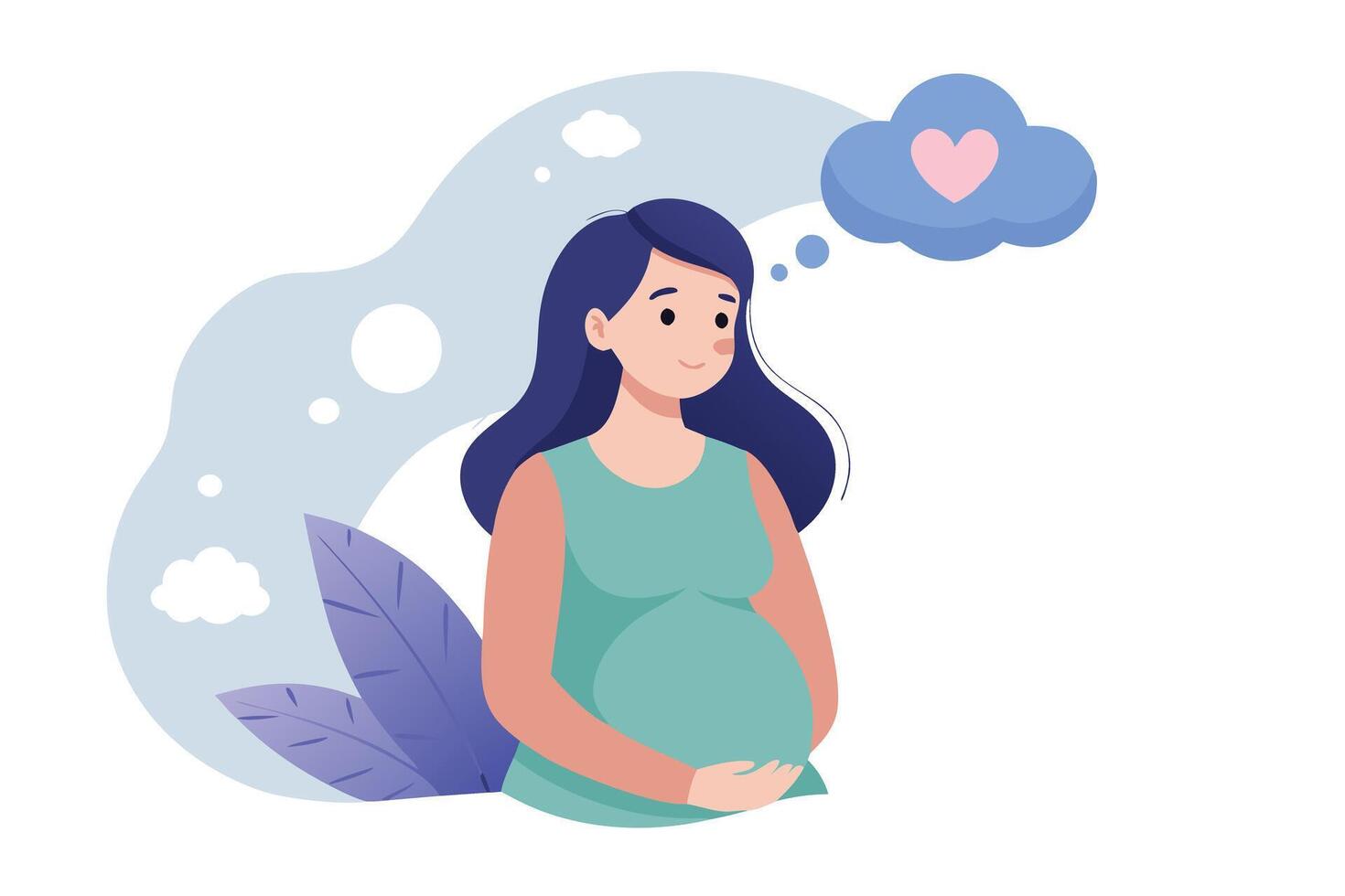 Pensive Pregnant Woman with Hands on Belly, Dream Cloud with Heart on White vector