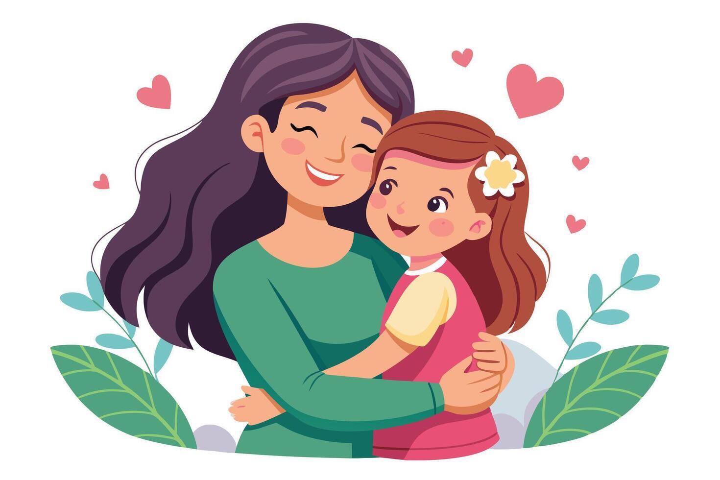 Happy Mother Embracing Daughter with Hearts and Leaves on White Background vector