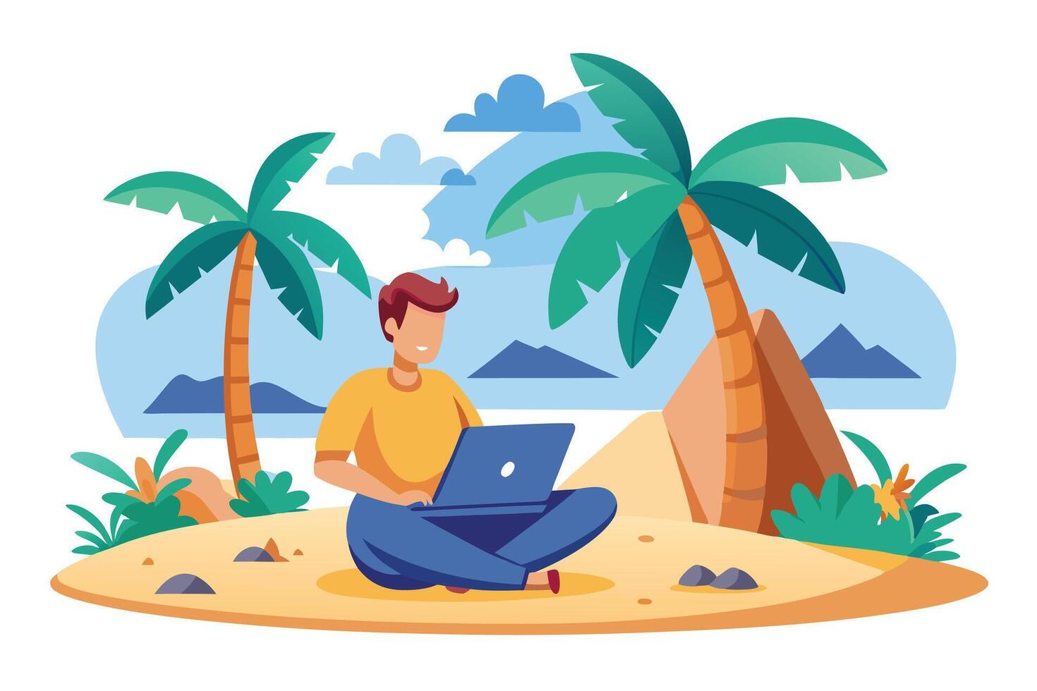Man Sitting Using Laptop Under Palm Trees on Beach vector