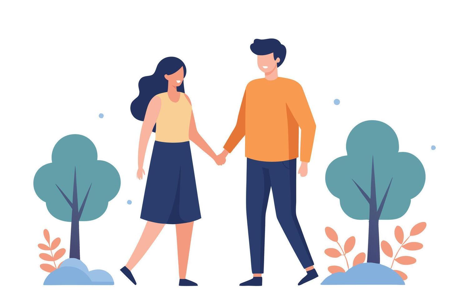 Walking Young Couple Holding Hands Flat Design in Park on White Background vector