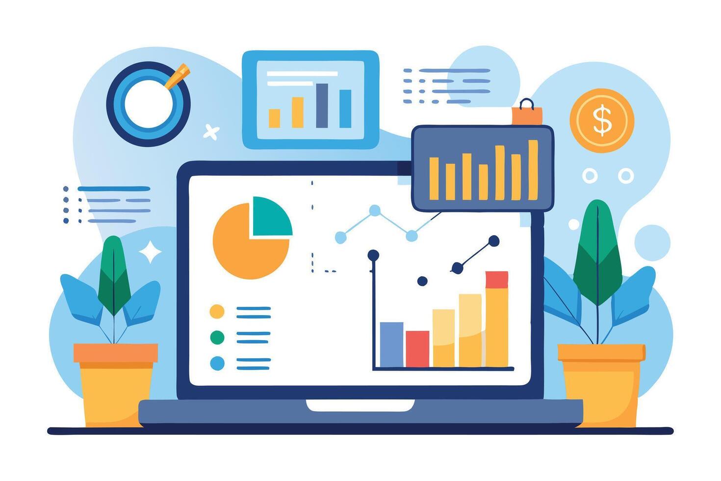 Laptop Displaying Colorful Financial Charts and Graphs with Potted Plants vector