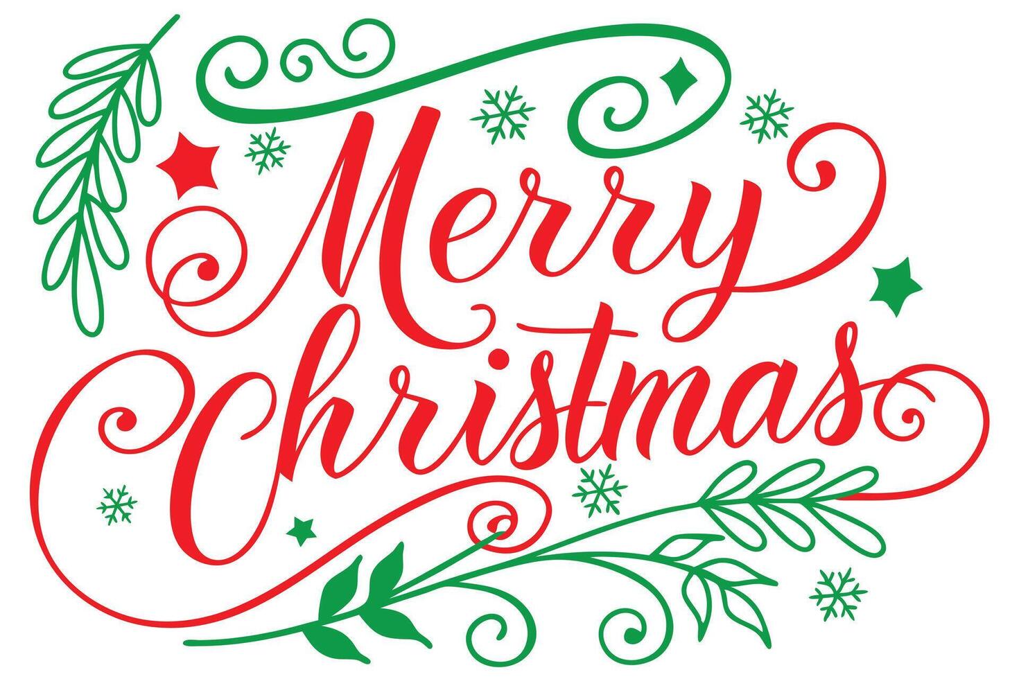 Merry Christmas Decorative Text with Green Leaves and Red Calligraphy on White vector