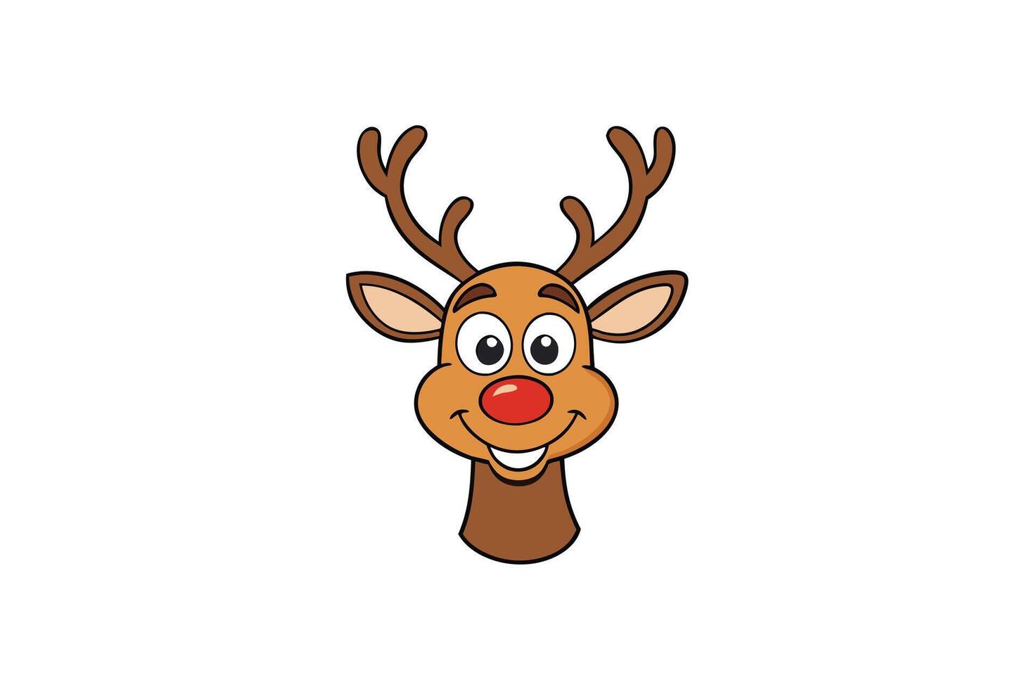 Cartoon Style Smiling Reindeer Head With Red Nose and Antlers on white background vector