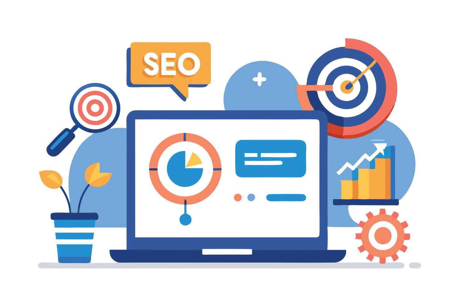 SEO Strategy on Laptop with Charts, Target, Flower Pot, and a Gear on white vector