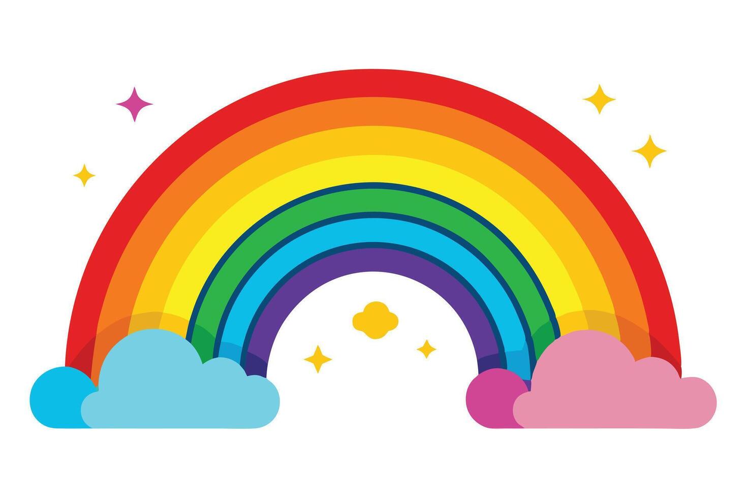 Flat Rainbow with Clouds and Starry Accents on a White Background vector