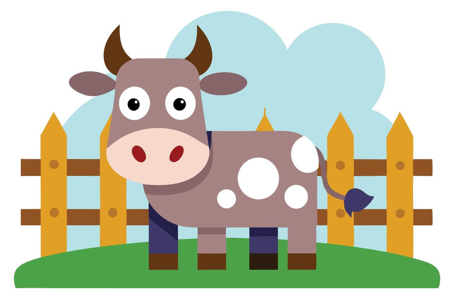 Cute Cartoon Cow with White Spots Standing Near Wooden Fence in a Farm vector