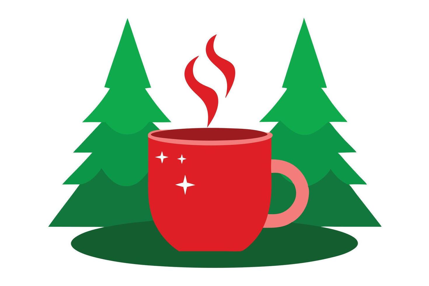 Cozy Red Mug with Steam and Green Pine Trees on a Serene White Background vector