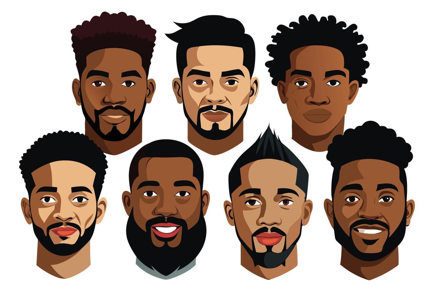 Diverse African American Men Faces with Various Hairstyles on Transparent Background vector