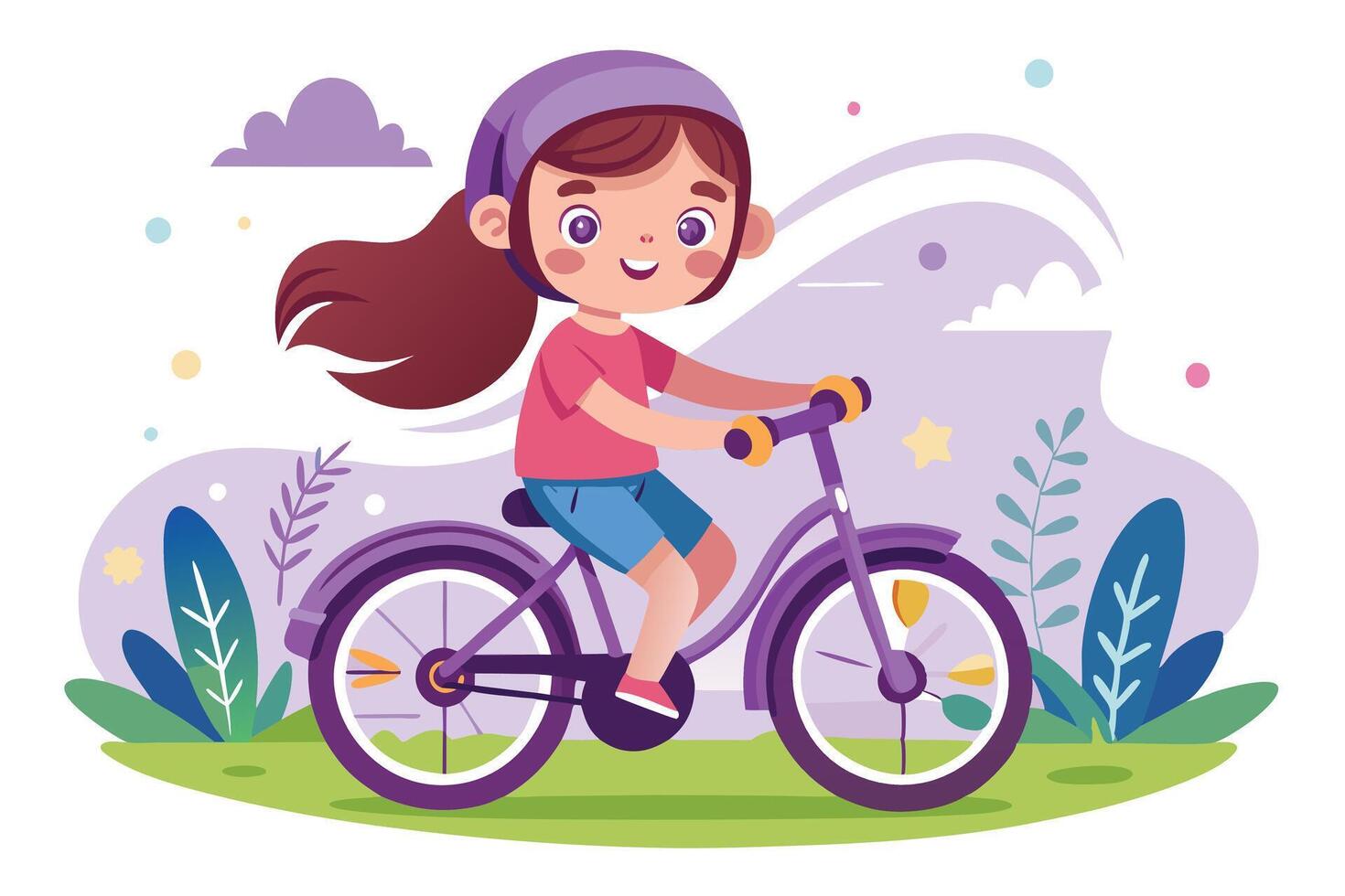 Girl on Purple Bike Riding in Park Flat Cartoon Smiling Face vector