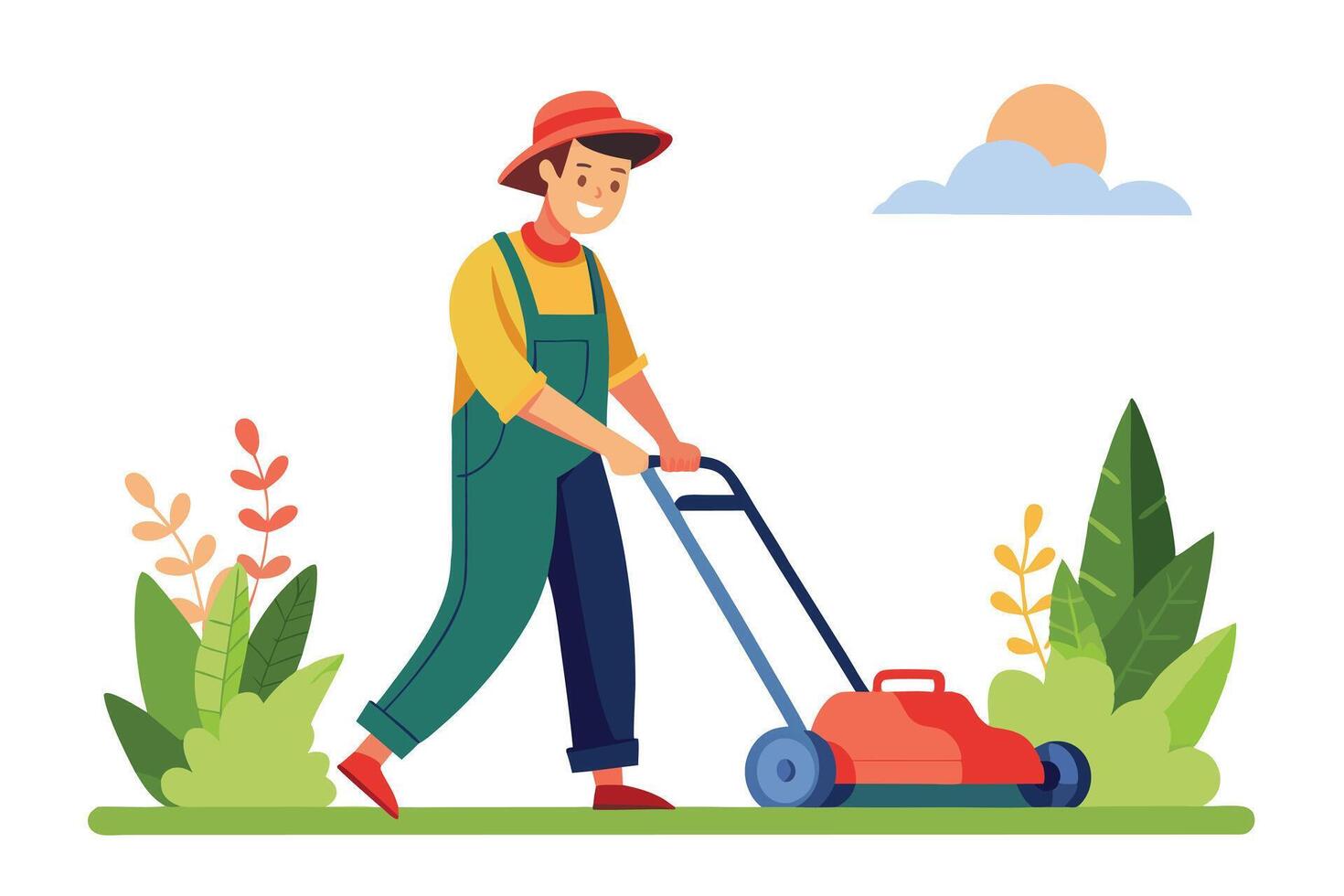 Gardener Pushing Mower in Yard, Cartoon Style Character, Landscaping, Outdoors vector