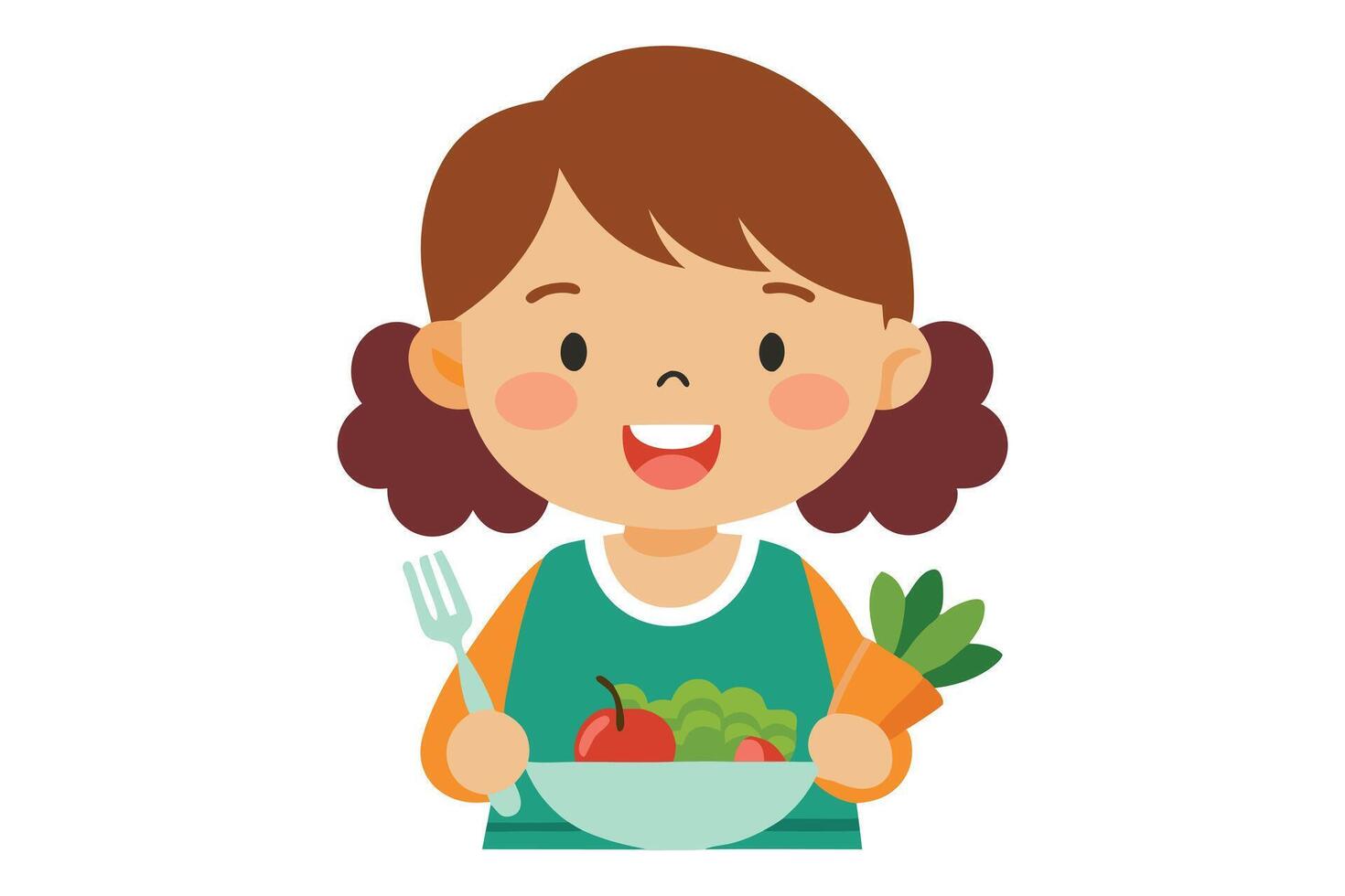 Cartoon Smiling Girl Holds Salad Bowl with Fork, Healthy Eating on White Background vector