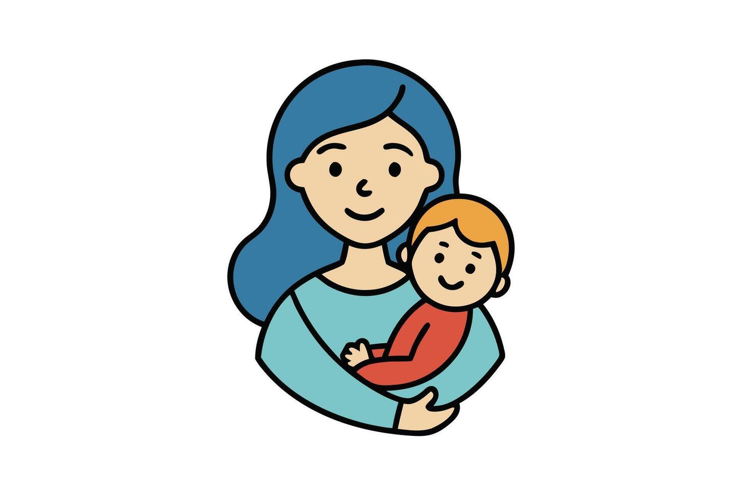 Flat Art of Blue Haired Mother Holding a Red Shirted Baby with Outlines vector
