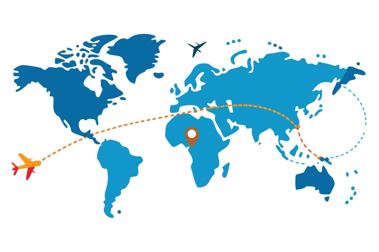 World Map with Airplane Route and Location Pin on Africa Continent vector