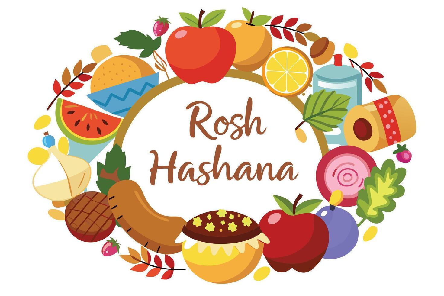 Rosh Hashanah Holiday Decorative Circle with Apples, Honey, Fruit, Challah on White vector