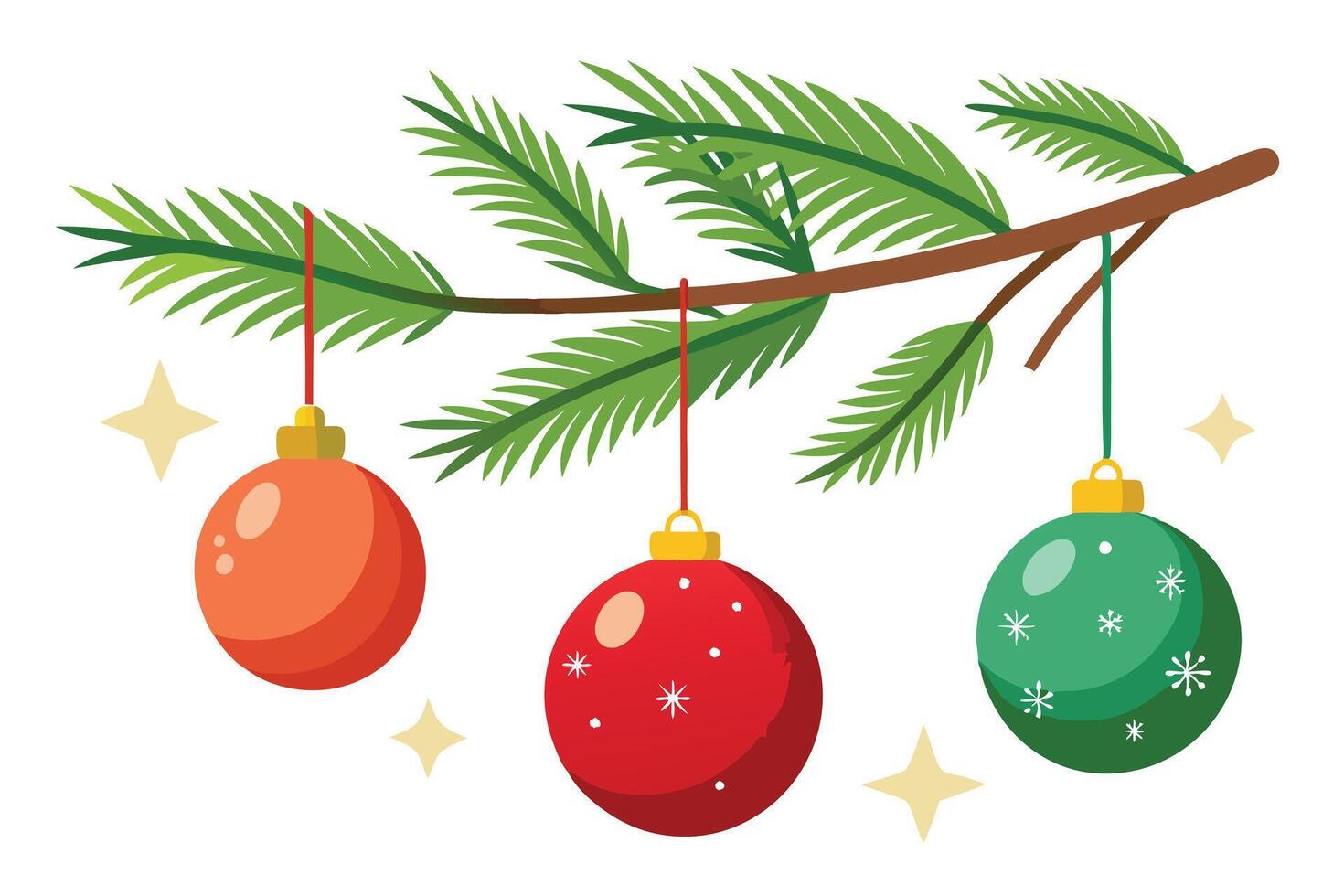 Christmas Tree Branch with Green Needles and Colorful Decorative Baubles on White vector