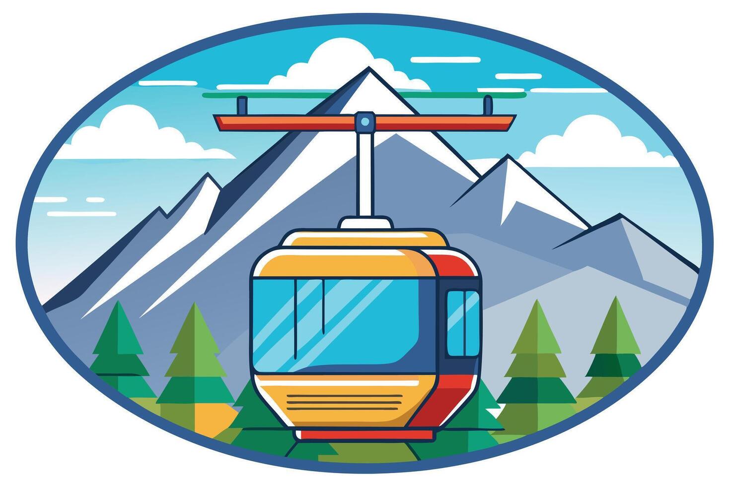 Gondola Lift Cabin with Trees and Mountain, in an Oval vector