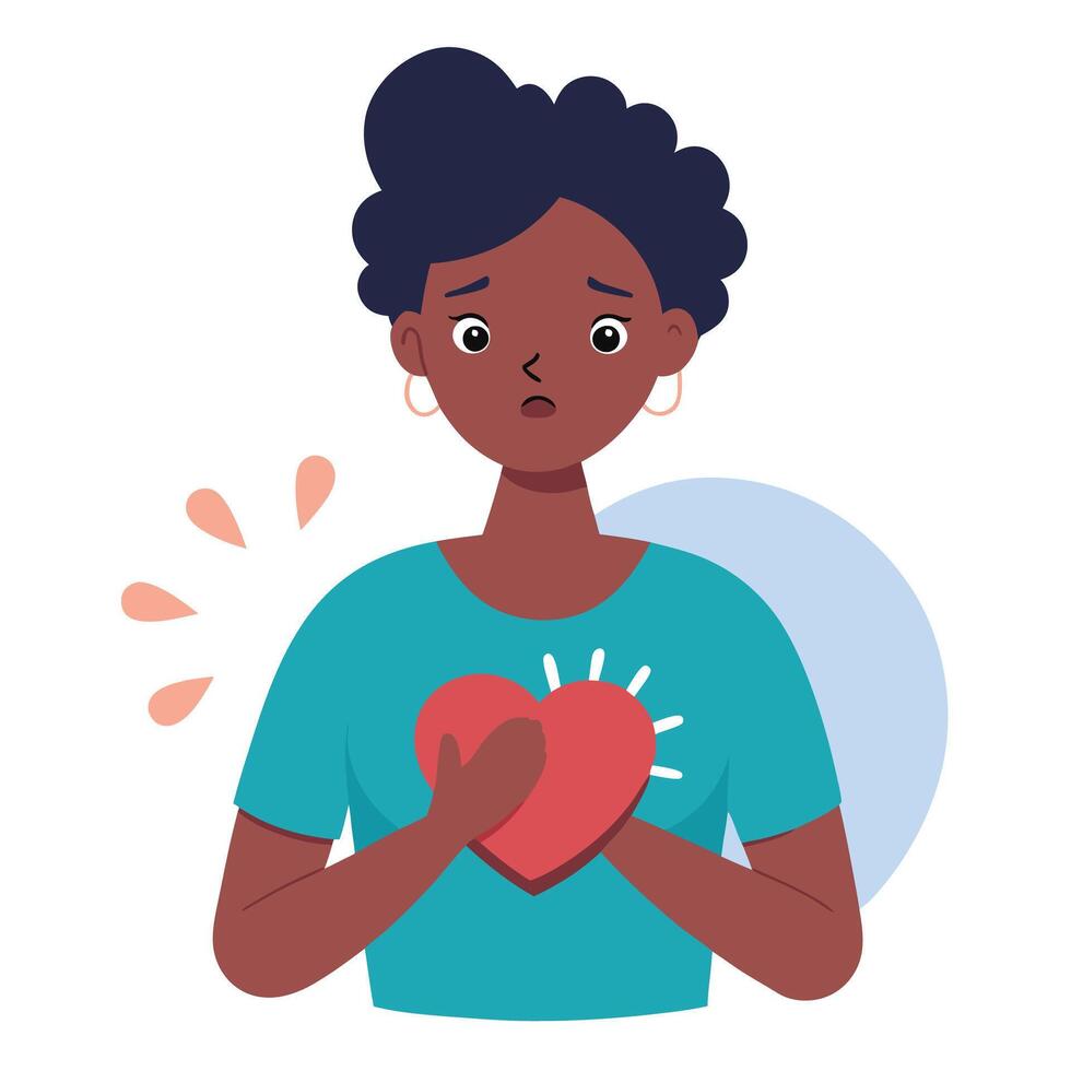 Sad Dark Skinned Woman Holding Red Heart Close in Cartoon Style On White Background vector