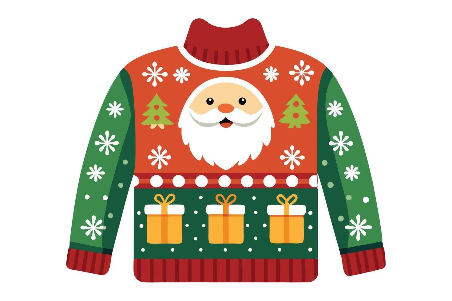 Festive Holiday Sweater with Santa Claus, Presents, Trees, and Snowflake Design vector