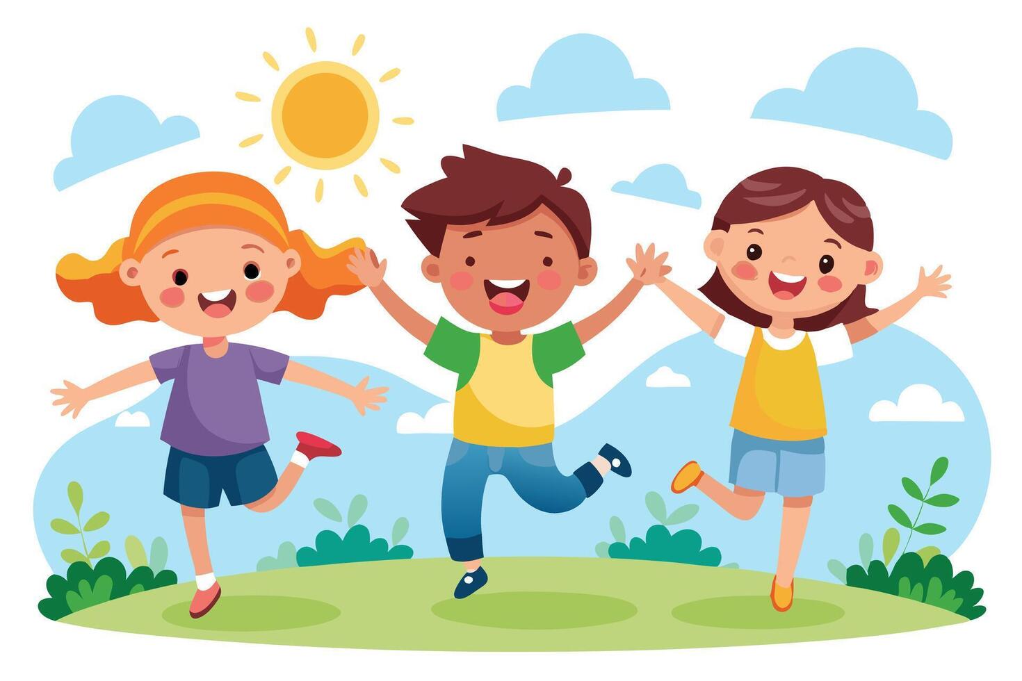 Happy Cartoon Diverse Children Jumping on Green Grass Under Sun in Summer with Clouds vector