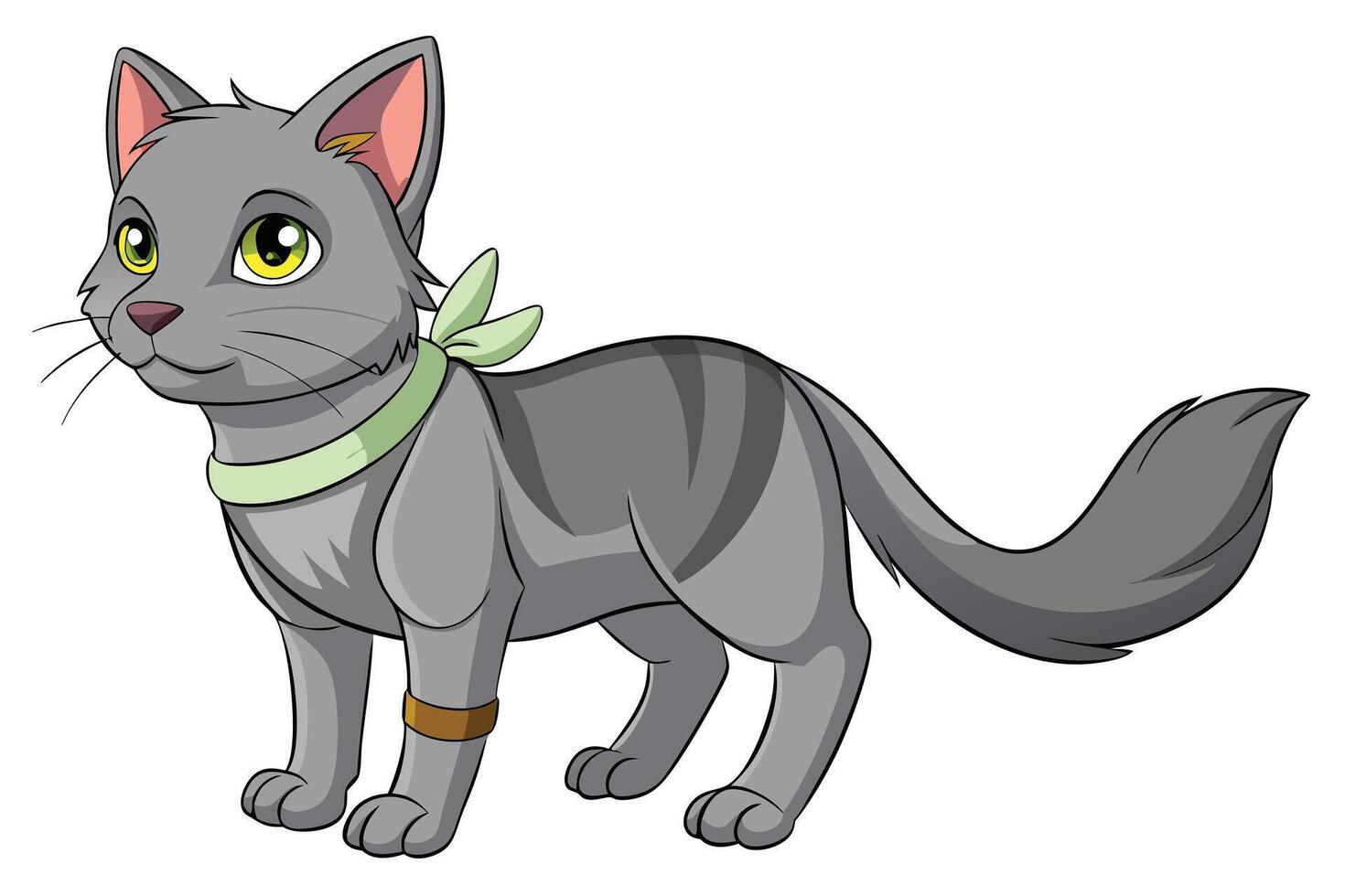 Cartoon Gray Cat with Green Scarf and Yellow Eyes on White Background vector