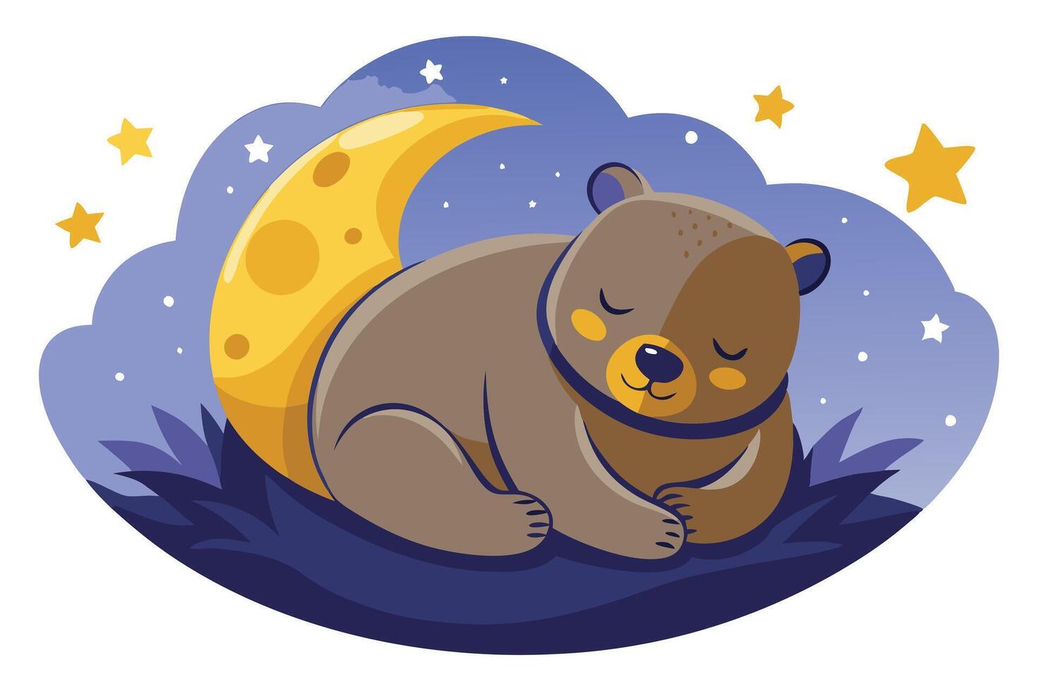 Cartoon Sleeping Bear Cuddled on Crescent Moon Under Starry Sky vector