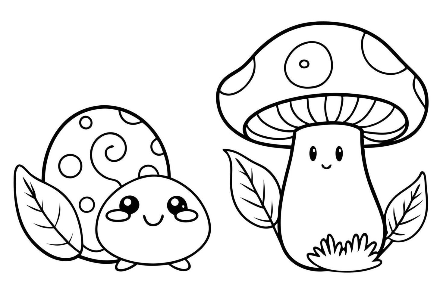 Cute Cartoon Mushroom and Snail Line Art with Smiling Faces in Transparent vector