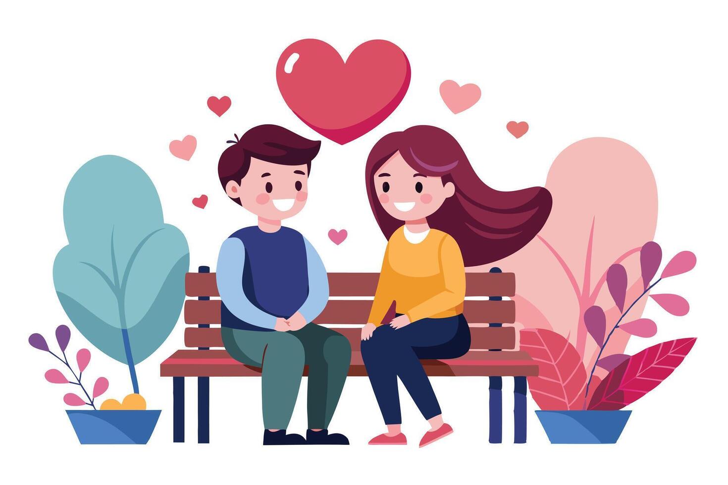 Cartoon Couple on Bench Surrounded by Hearts and Foliage with Flat Design Style vector