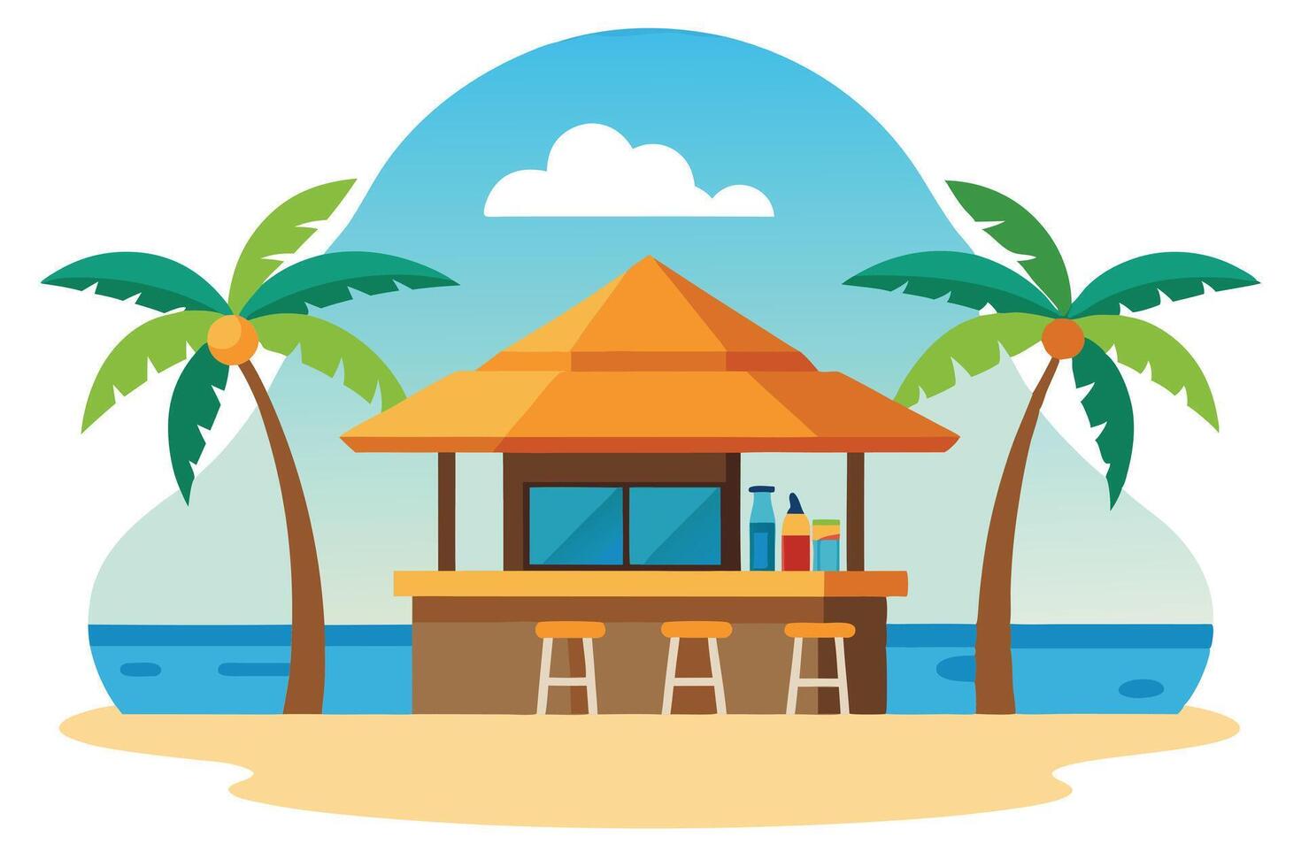 Tropical Beach with Palm Trees Hut Bar Stools Sea Sky Cloud Isolated vector