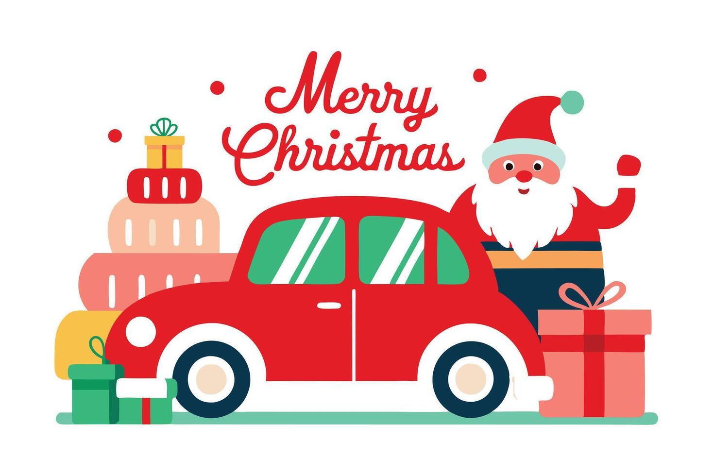 Merry Christmas Design with Retro Red Car, Santa, Gifts Stacked on a White Background vector